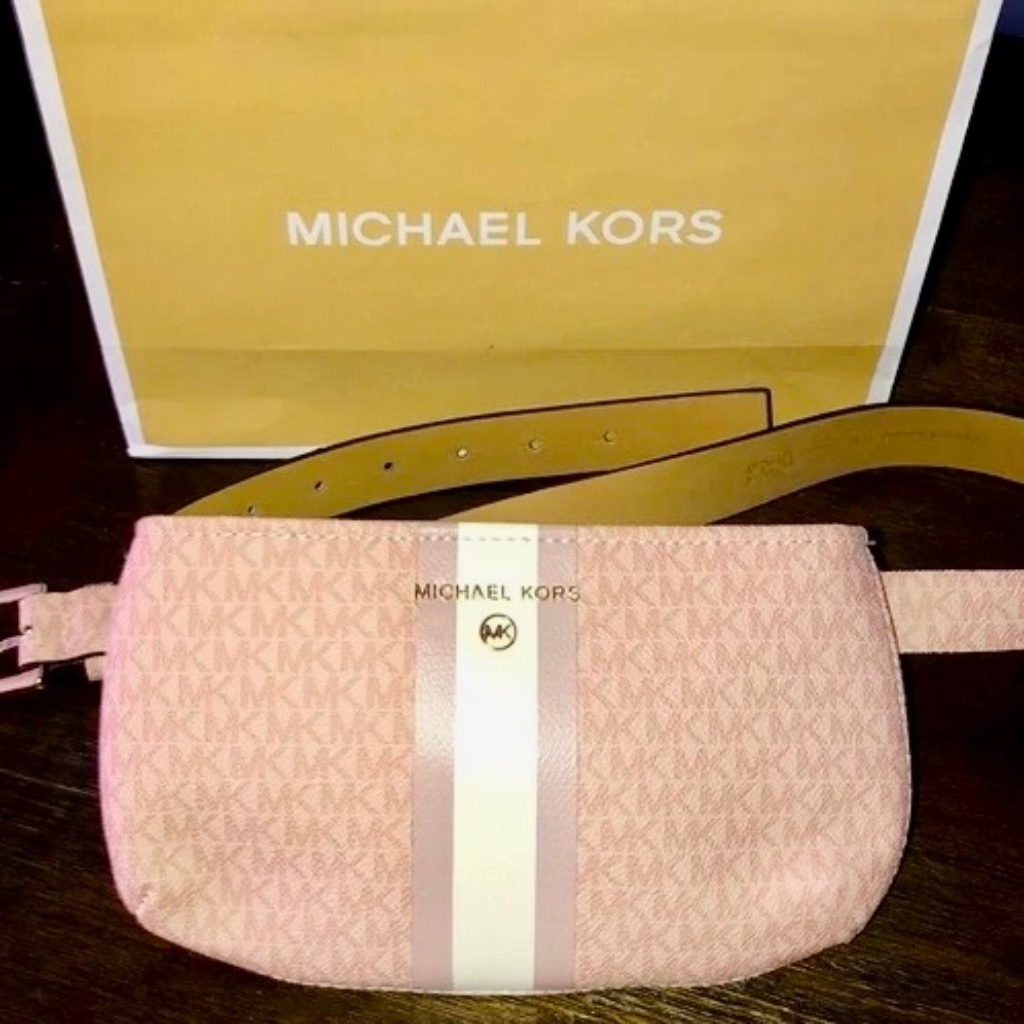 Michael Kors Signature Stripe Fanny Pack/ Crossbody Bag, Pink W/ Mk Logo - Nwt
